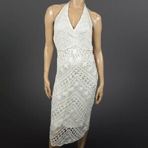 Y2K Le Chateau White Beaded Crochet Halter Dress Size XL Party Cocktail Wedding